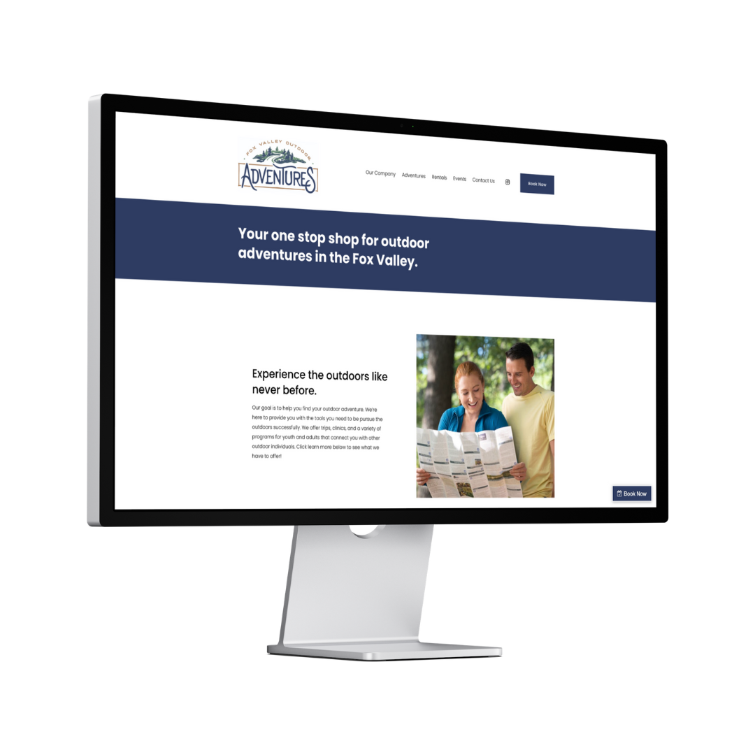 Custom tourism website designed by Mirrorless Productions displayed on a desktop monitor for Fox Valley Adventures.
