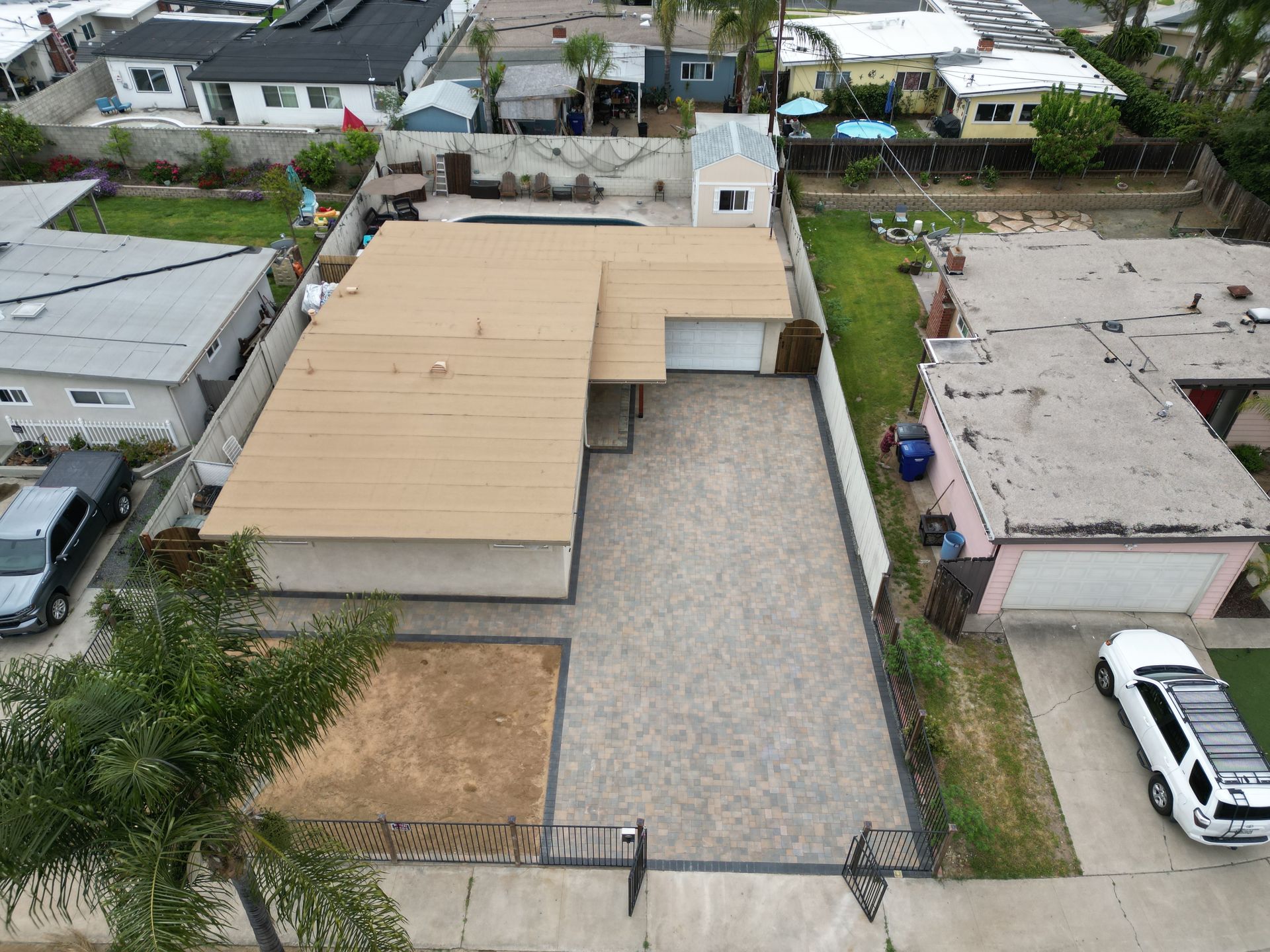 Aerial view of paver driveway installed by San Diego concrete and paver contractors