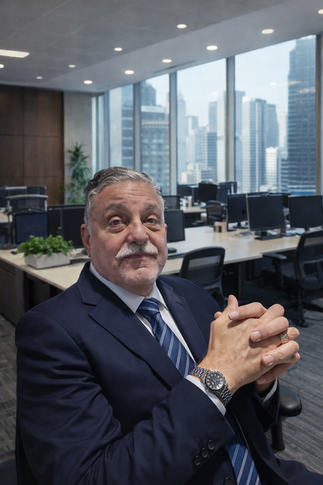 Man in a navy suit seated in a modern office with city skyline windows, hands clasped, looking at the camera