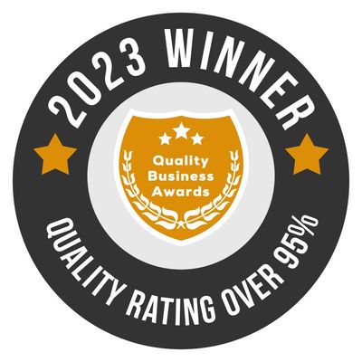 2023 Winner quality badge, black and gold seal reading “Quality Rating Over 95%”