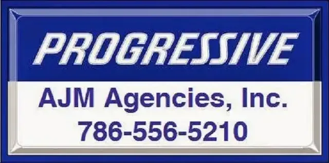 Progressive sign for AJM Agencies, Inc. with phone number 786-556-5210, blue and white
