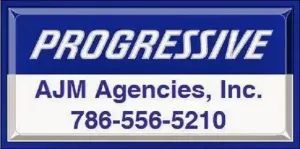 Progressive sign for AJM Agencies, Inc. with phone number 786-556-5210, blue and white