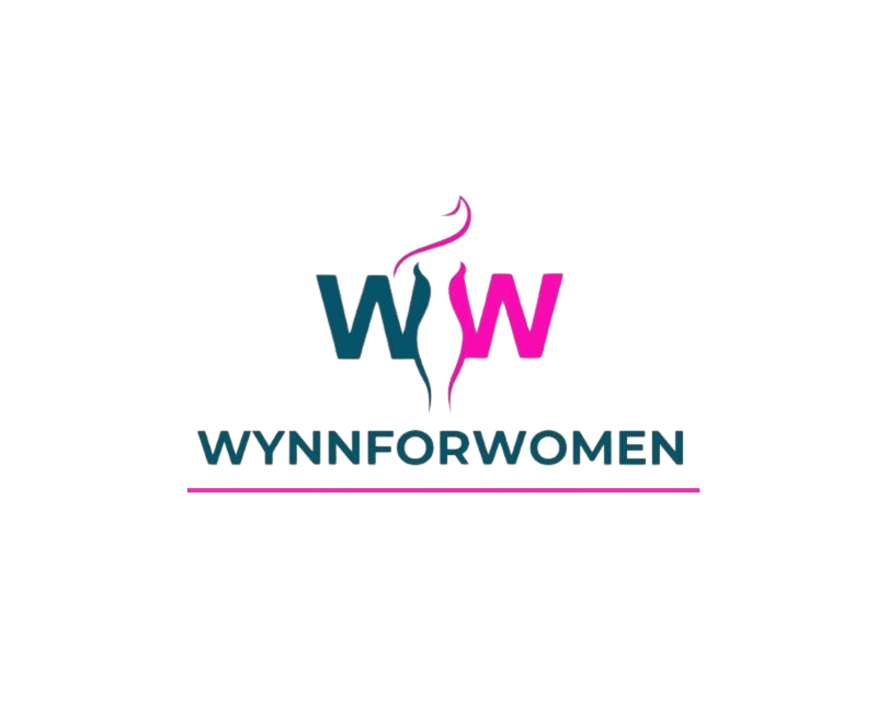 Logo for Wynn for Women, featuring a teal abstract figure with a pink dot in the center and