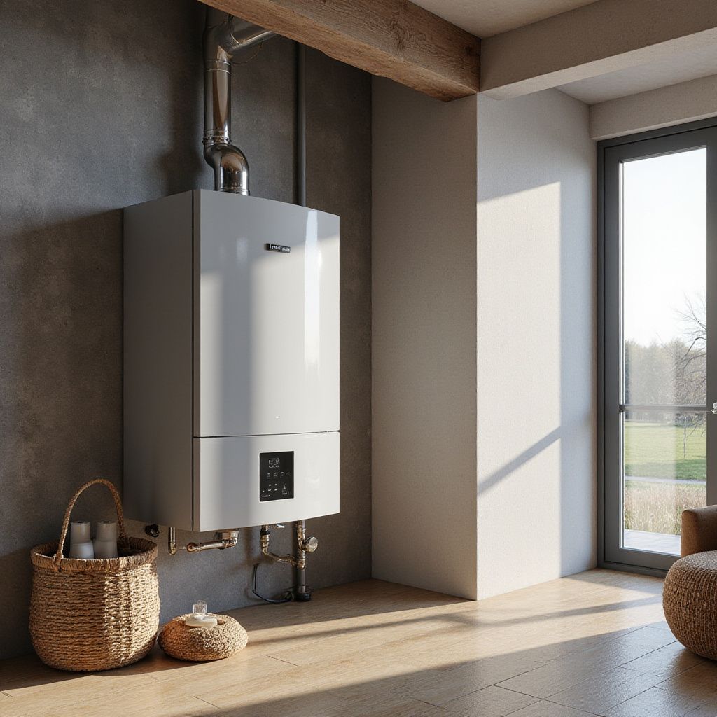 Chaudière à gaz blanche fixée sur un mur gris dans une pièce lumineuse.