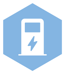 Icône de borne de recharge pour véhicules électriques. Blanche sur un hexagone bleu clair.