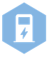 Icône de borne de recharge pour véhicules électriques. Blanche sur un hexagone bleu clair.