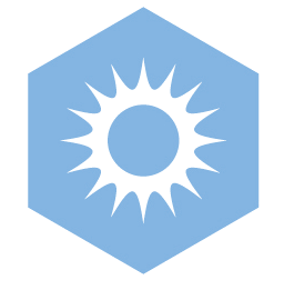 Icône de soleil blanc rayonnant à l'intérieur d'un hexagone bleu clair.