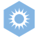 Icône de soleil blanc rayonnant à l'intérieur d'un hexagone bleu clair.