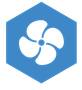 Icône d'éventail blanc dans un hexagone bleu.