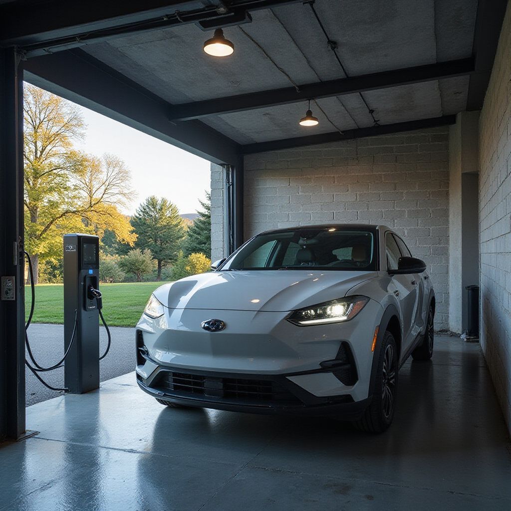 SUV électrique blanc en charge dans un garage équipé d'une borne de recharge, avec un paysage d'automne visible.