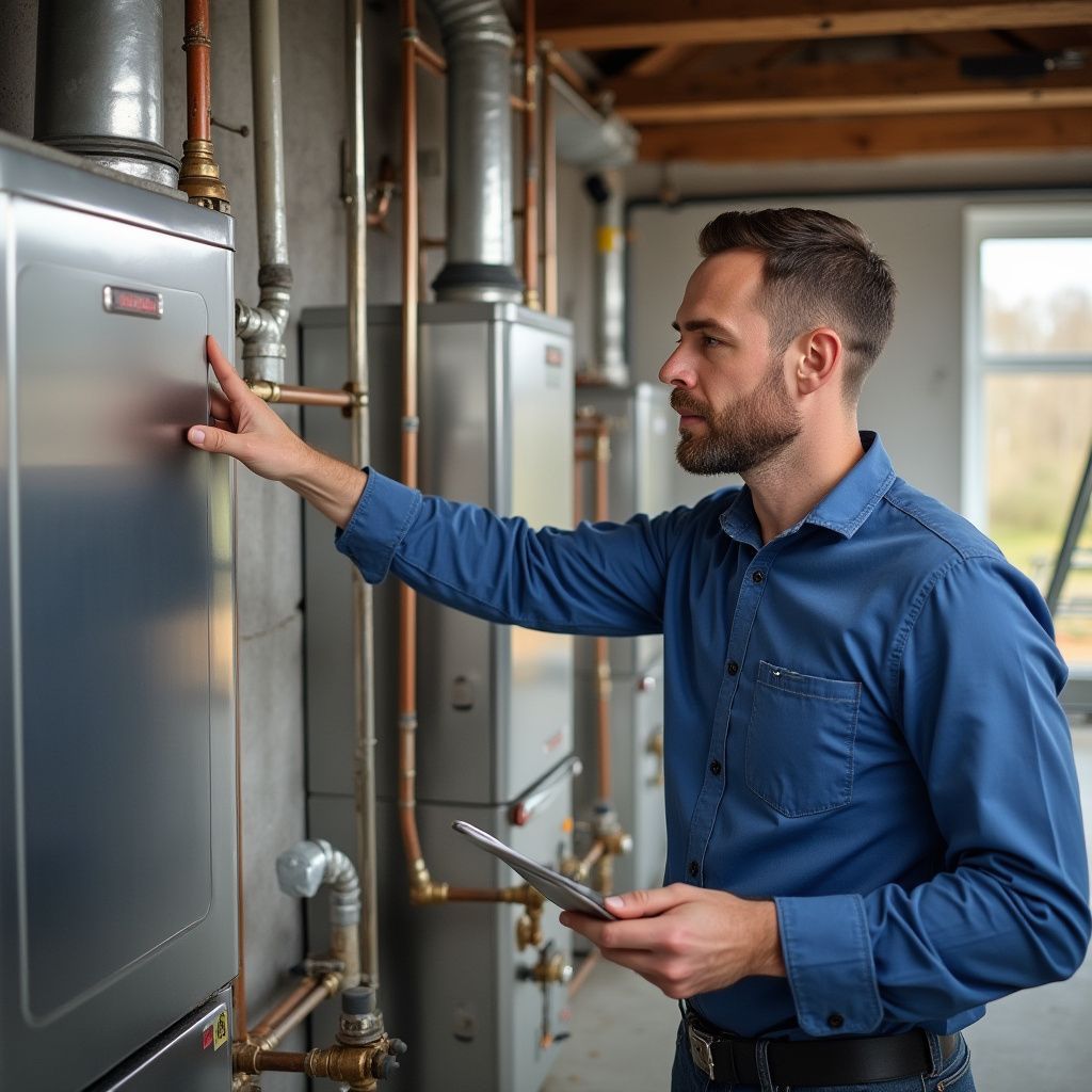 Un homme inspecte un système de climatisation, une tablette à la main, à l'intérieur d'un bâtiment.