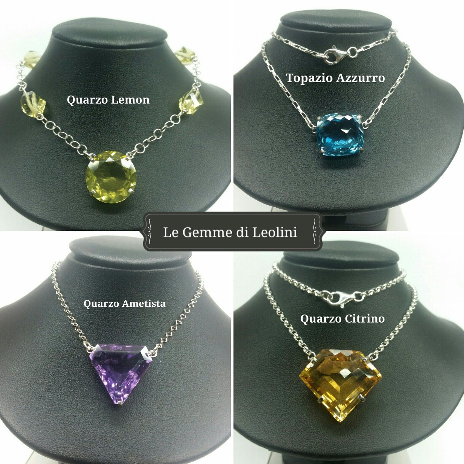 Un collage di quattro collane con pietre preziose di quarzo limone, topazio blu, ametista e citrino, etichettate 