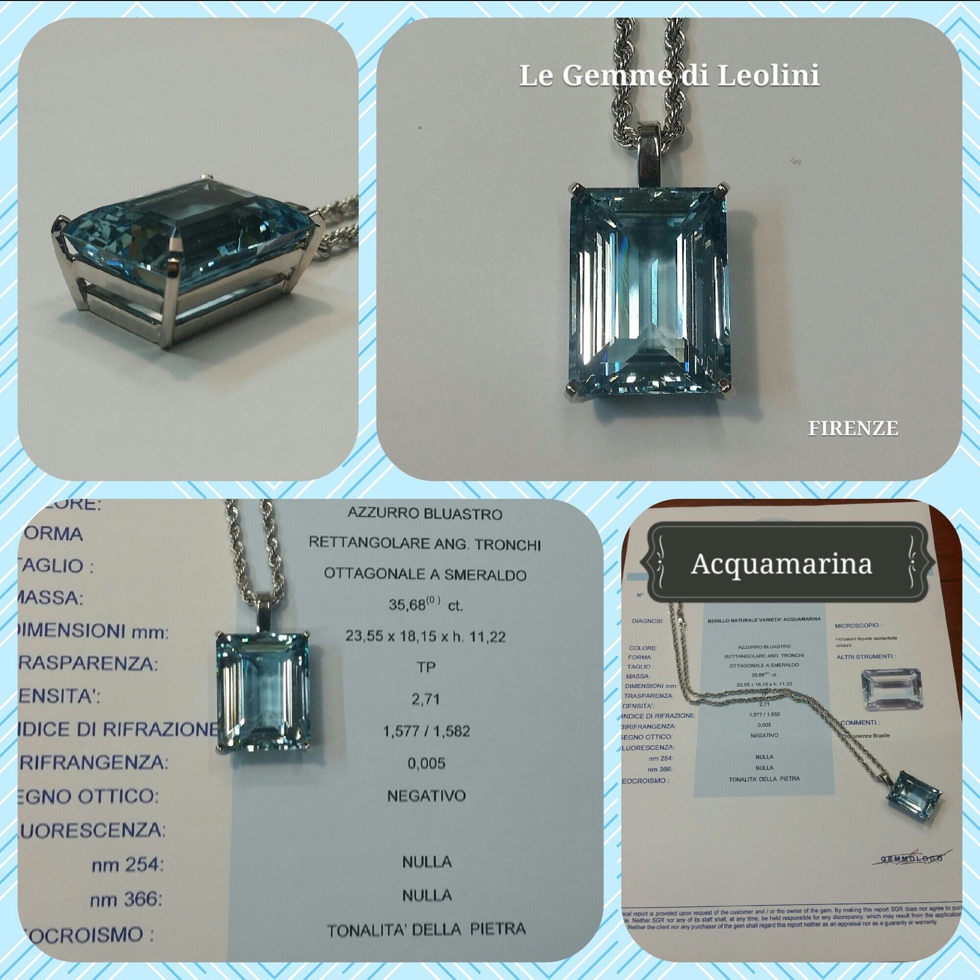 Un'immagine composita di quattro foto che mostrano un ciondolo rettangolare con acquamarina blu, completo di certificato e logo della gioielleria.