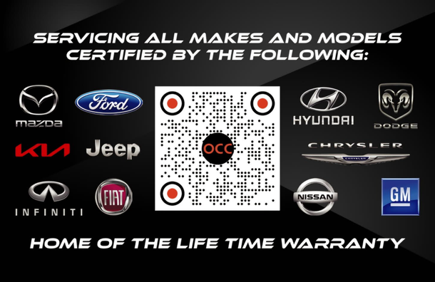 Auto service ad with QR code and car brand logos on a black background, offering lifetime warranty service