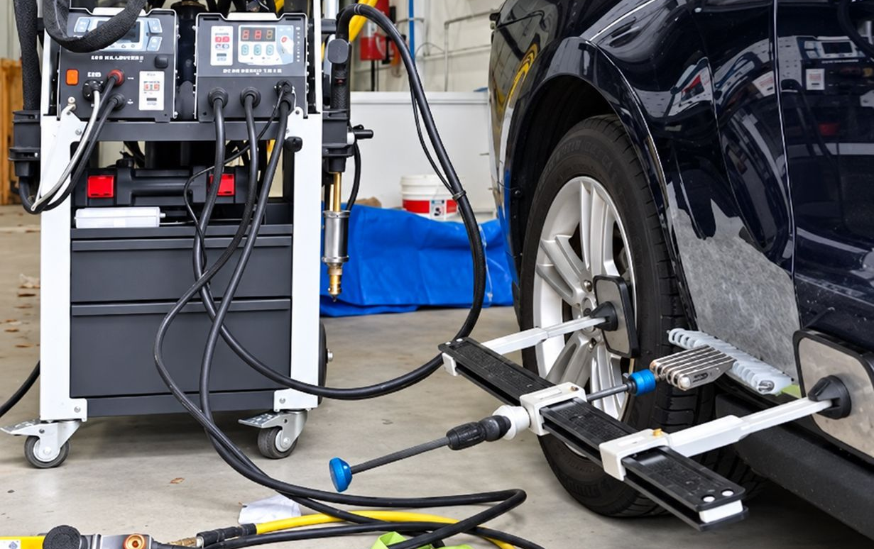 Car wheel aligned on a roadside diagnostic rig beside a service van, with cables and equipment nearby