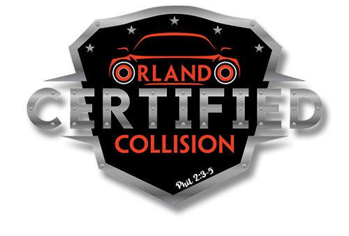 Orlando Certified Collision logo in black, silver, and orange on a shield badge