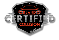 Orlando Certified Collision logo in black, silver, and orange on a shield badge