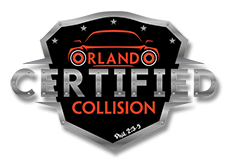 Orlando Certified Collision black and orange logo badge with silver text and stars