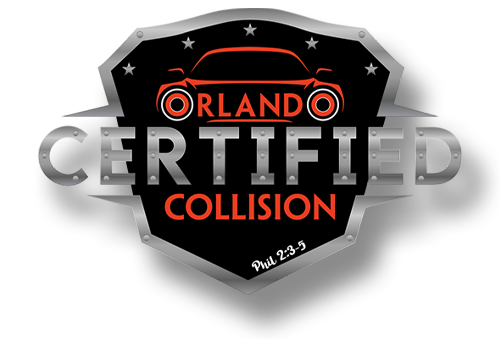 Orlando Certified Collision logo in black, silver, and orange shield design