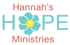 Hannah's Hope Ministries logo. Teal flower in the word HOPE, with coral text above and below: 
