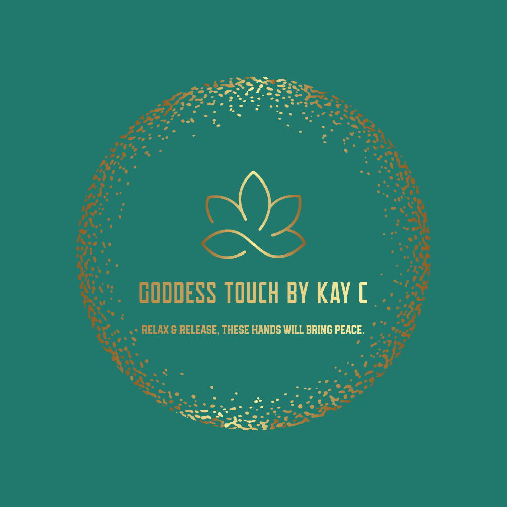 Teal logo with gold lotus and circular speckle border reading “Goddess Touch by Kay C”