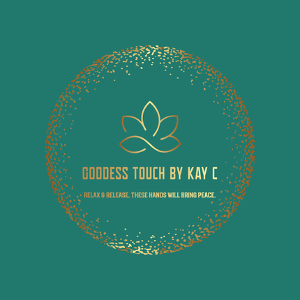 Teal logo with gold lotus and circular speckle border reading “Goddess Touch by Kay C”