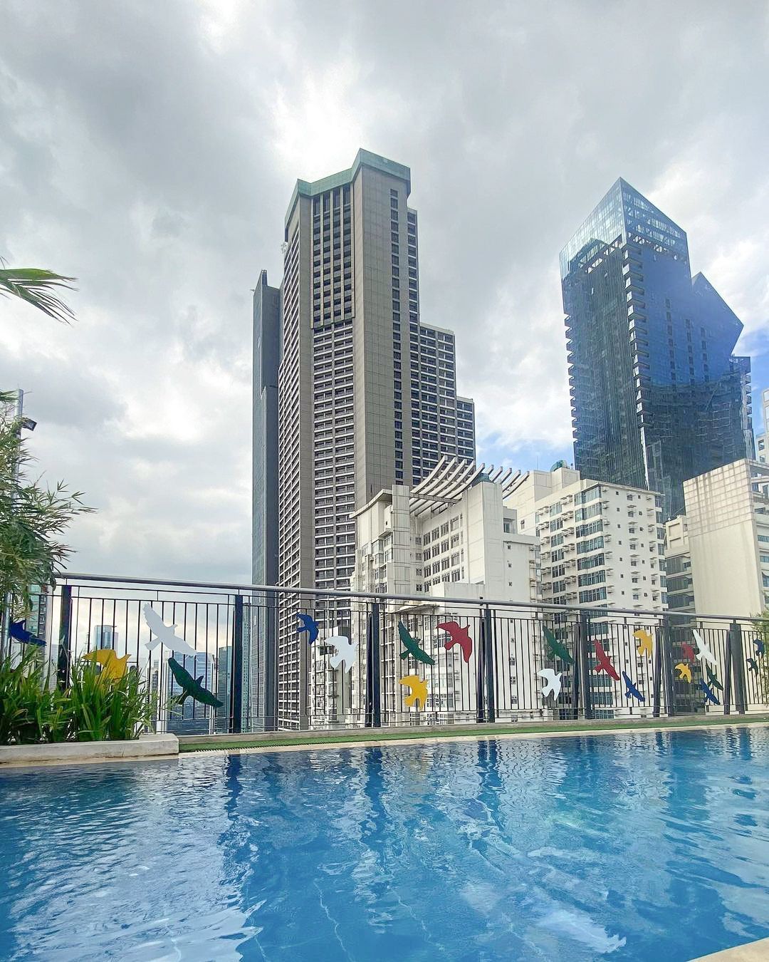Pool overlooking city buildings with glass artwork and a cloudy sky.