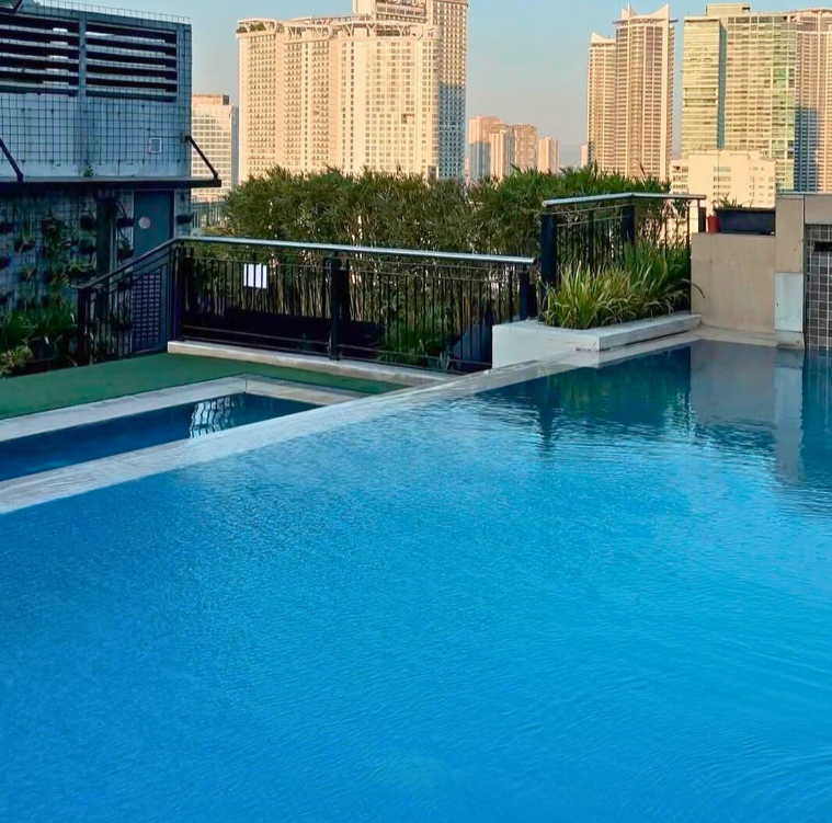 Rooftop infinity pool with city skyline in the background, blue water, green plants, and sunny day.