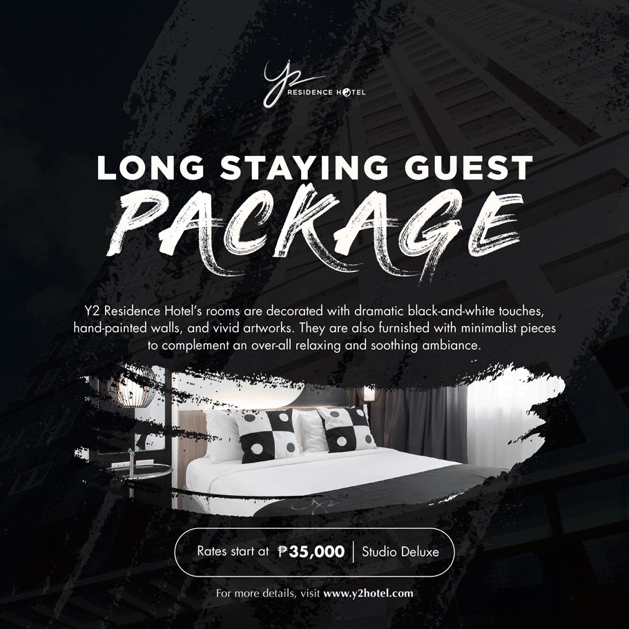 Hotel promotion: Long stay package. Bed with black/white decor. 