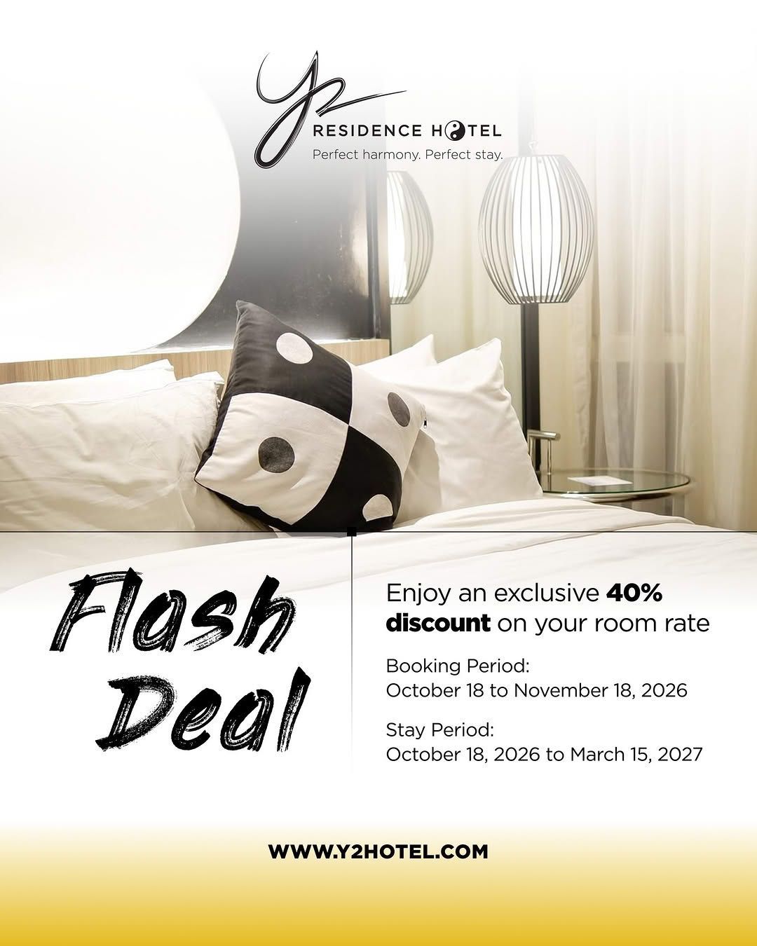 Hotel room “Flash Deal” ad with bed, lamp, and 40% off discount text