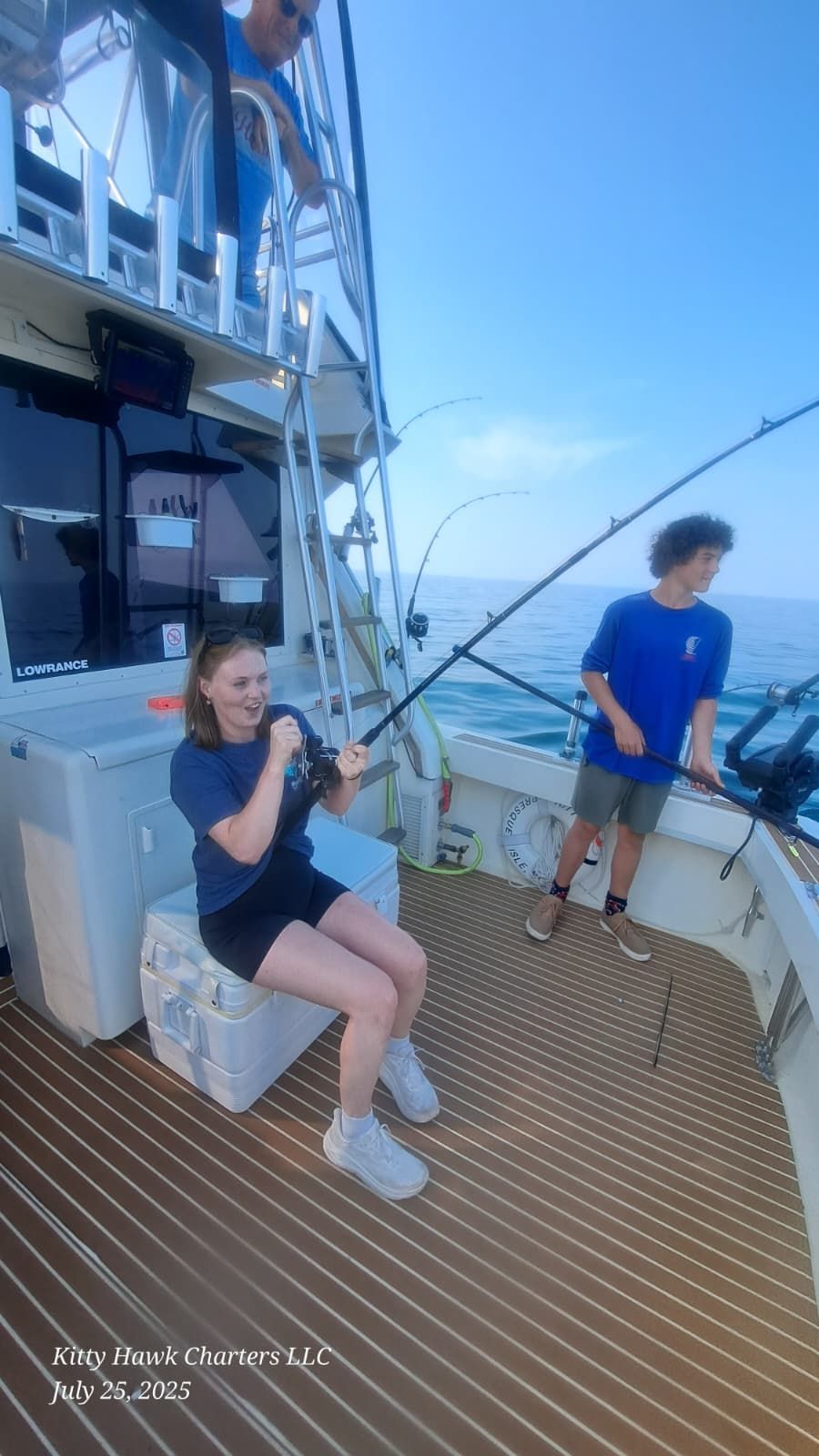 Two people fishing on a boat deck with Lake Huron and blue sky in the background.