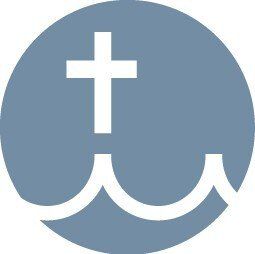 White cross above a stylized white wave within a blue circle.