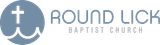 Logo for Round Lick Baptist Church. Features a cross and waves in a blue circle and the church name.