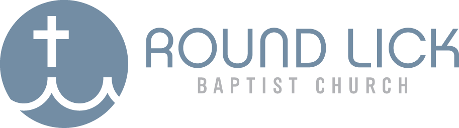 Logo for Round Lick Baptist Church. Features a cross and waves in a blue circle and the church name.