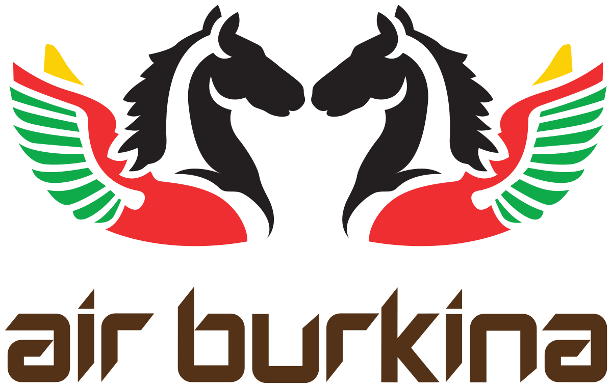 Air Burkina logo with two black horse heads with red, yellow, and green wings. Below is the text