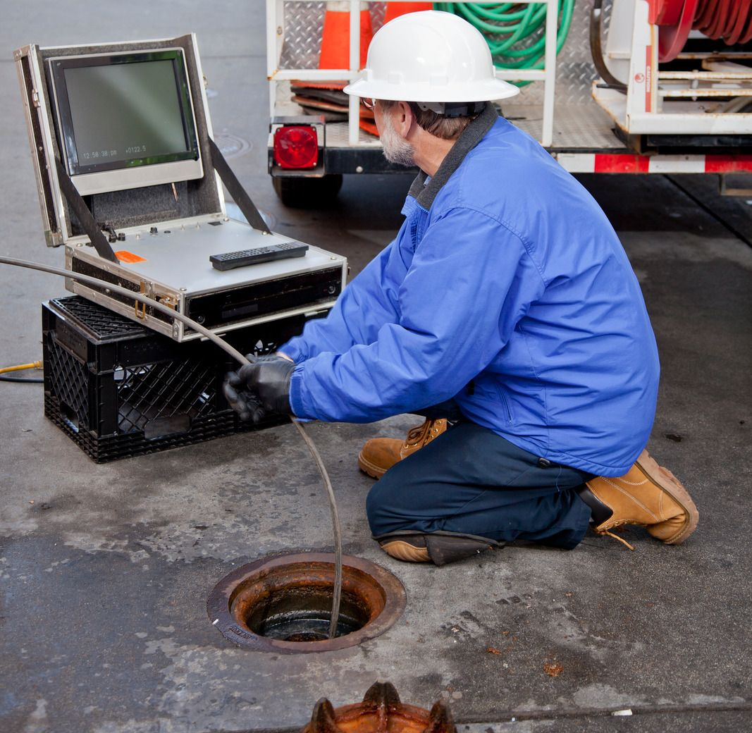 Technician kneeling beside an open manhole, using a rugged laptop on a truck tailgate outdoors.