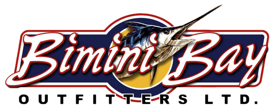 A logo for bimini bay outfitters ltd. with a marlin on it