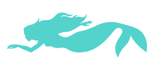 A silhouette of a mermaid swimming in the ocean on a white background.