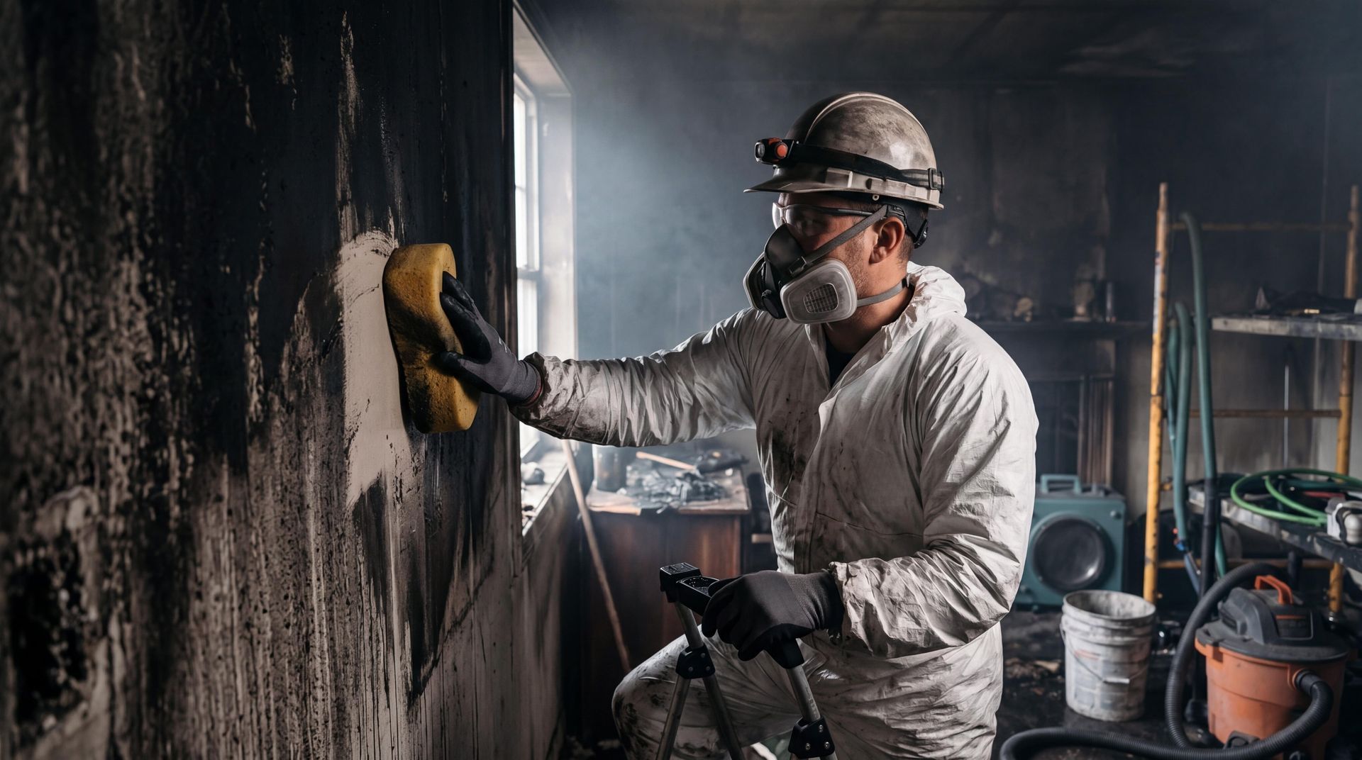 Technician in a respirator wiping soot from a charred wall during fire damage restoration service. Technician in a respirator wiping soot from a charred wall during fire damage restoration service.