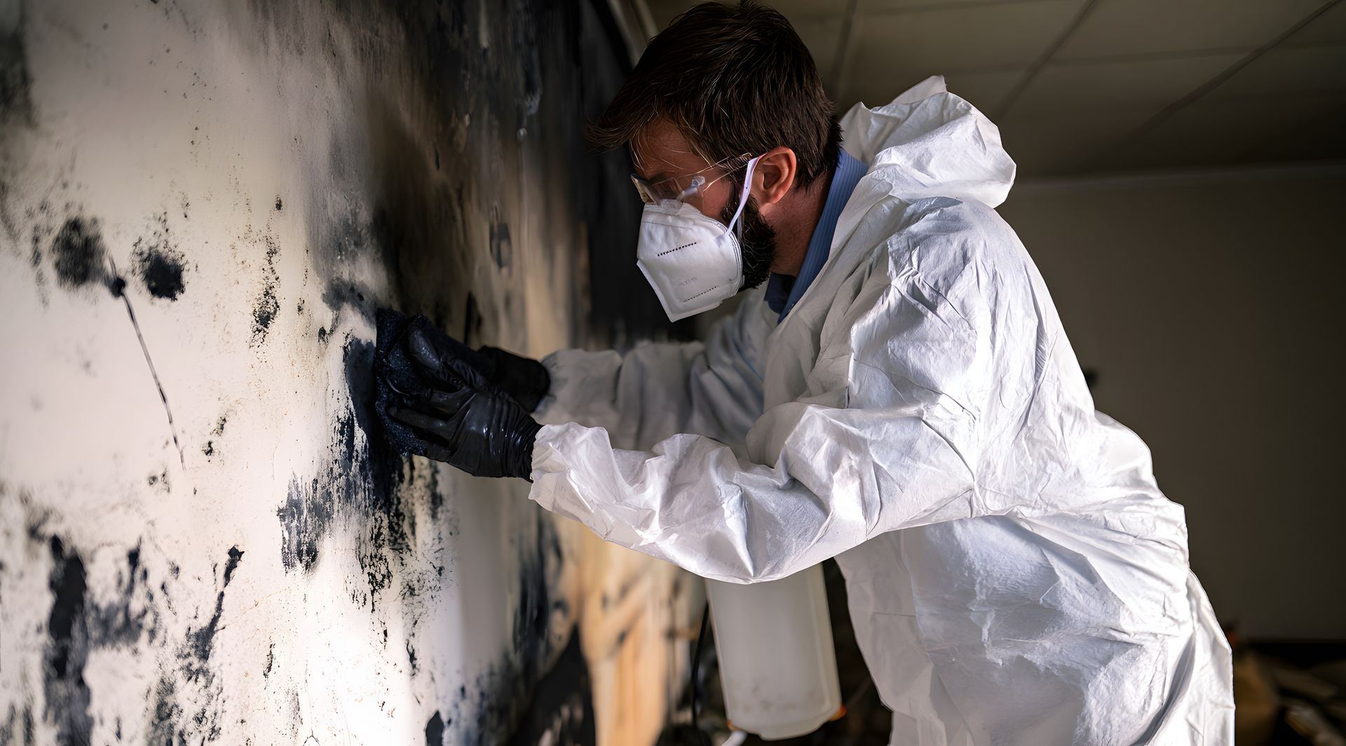 Worker in a protective suit and mask wiping soot off a wall during fire damage restoration service. Worker in a protective suit and mask wiping soot off a wall during fire damage restoration service.