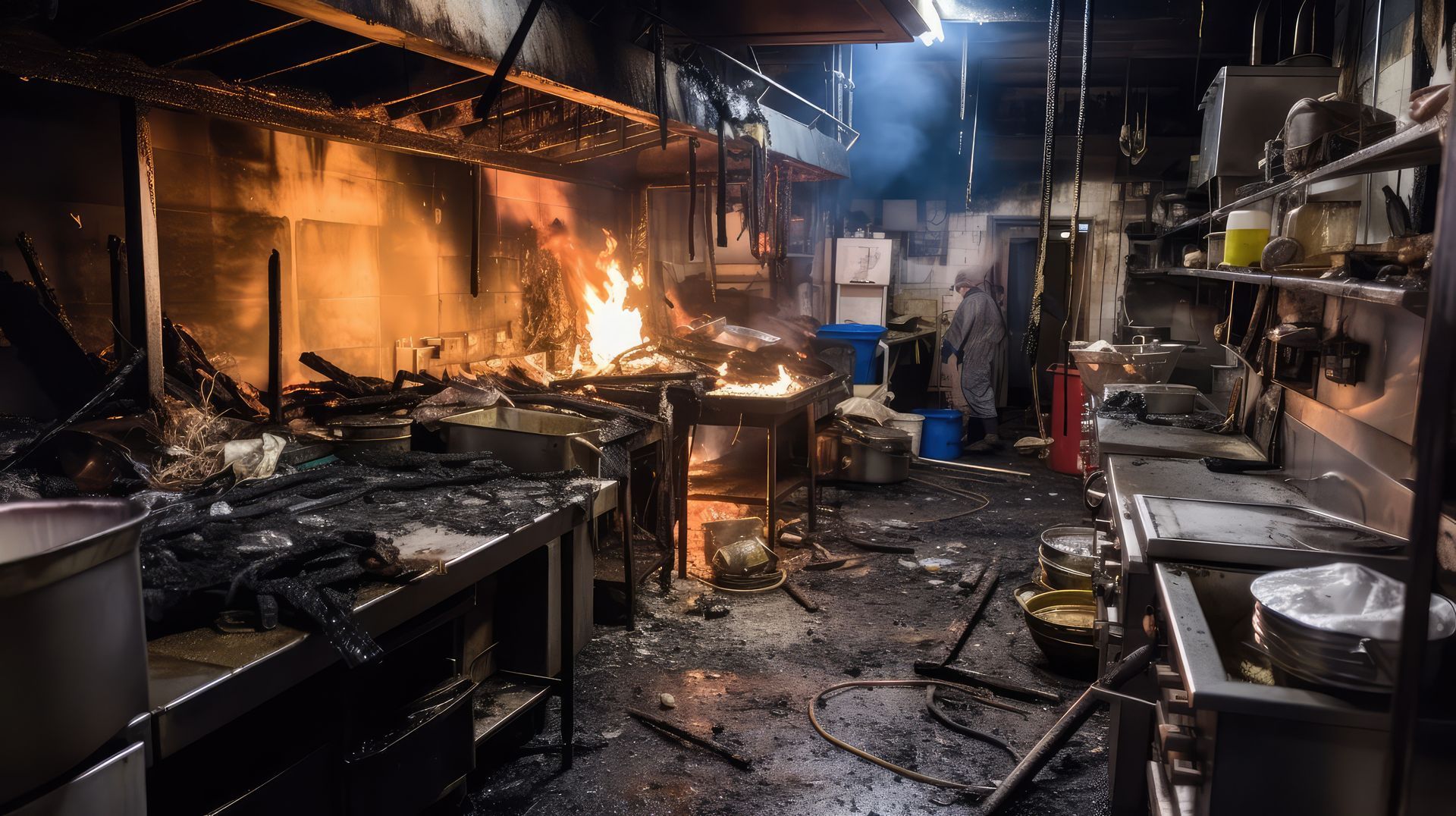 Worker in protective gear in a burnt-out kitchen during commercial fire damage restoration service. Worker in protective gear in a burnt-out kitchen during commercial fire damage restoration service.