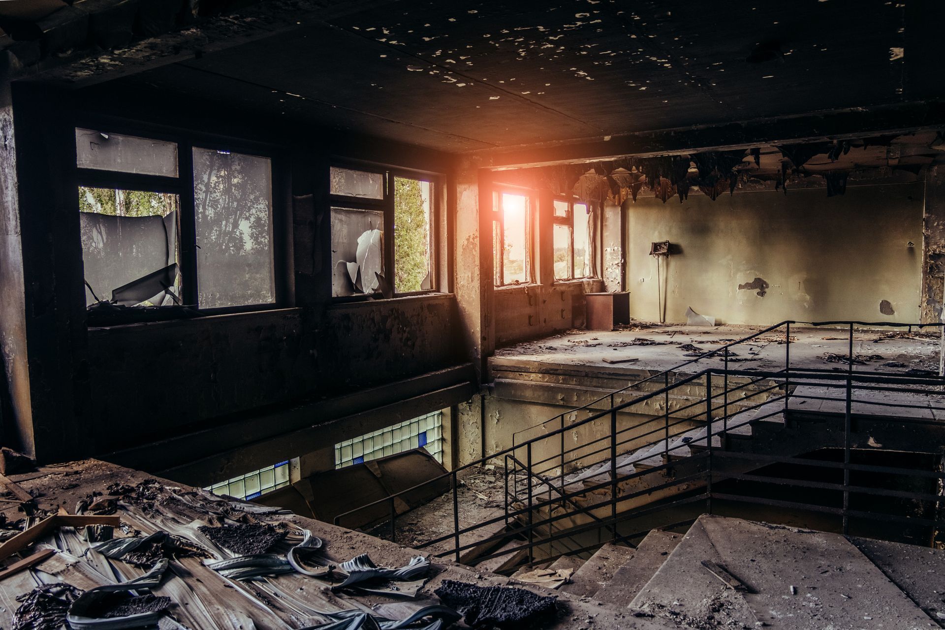 Burned interiors after a fire in an industrial or office building.