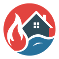House icon with flame and water, set in a red circle.