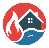 House icon with flame and water, set in a red circle.