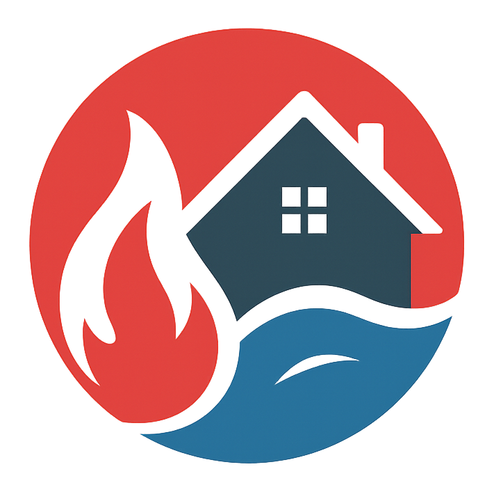 House icon with flame and water, set in a red circle.