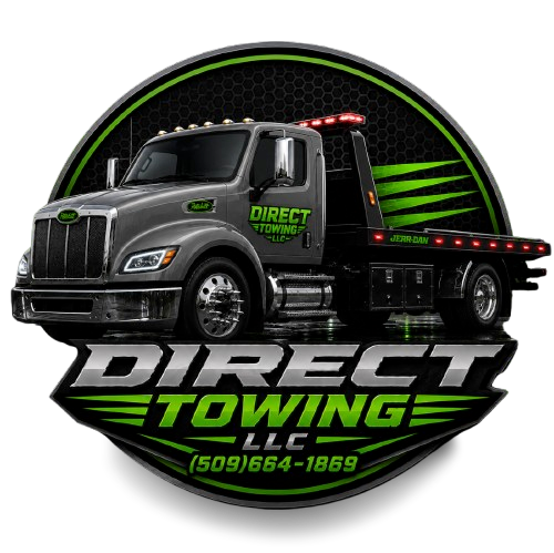 Black semi tow truck logo for Direct Towing LLC with green accents and phone number
