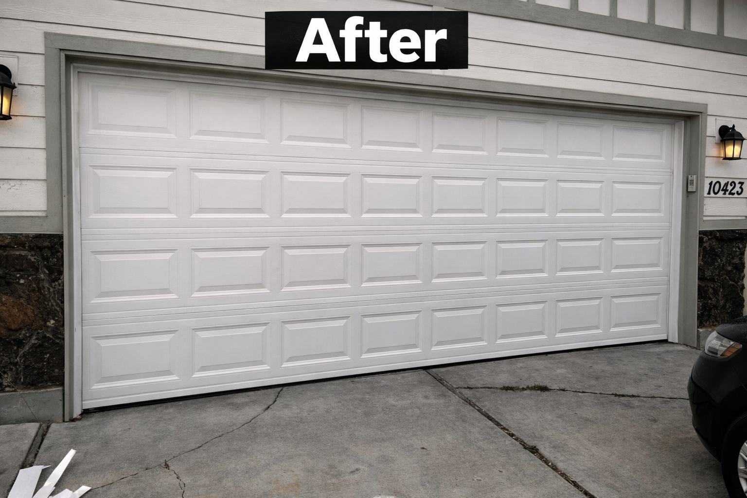 White double garage door on a house exterior, labeled “After.”