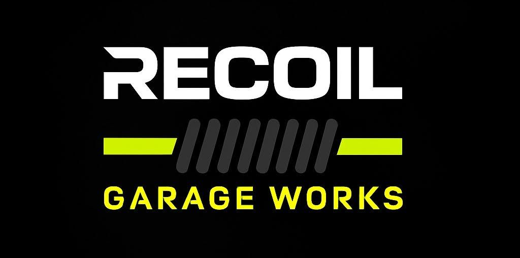 Recoil Garage Works logo with white text, neon yellow accents, and gray grille bars on a black background