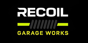 Recoil Garage Works logo with white text, neon yellow accents, and gray grille bars on a black background