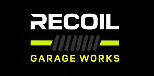 Recoil Garage Works logo with white text, neon yellow accents, and gray grille bars on a black background